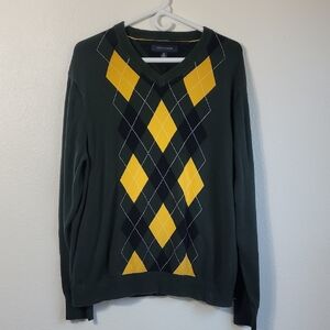 Tommy Hilfiger Men Argyle V Neck Sweater Size L Green Yellow Y2K Academia Jumper